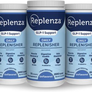 Replenza Daily Replenisher GLP-1 Nutritional Support, Powder, Muscle Recovery, Digestive Health & Skin Elasticity Mix of Amino Acids, Prebiotics and Collagen Peptides – Unflavored, 3 Pack