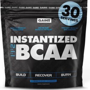 Gains in Bulk BCAA Powder, Pre Workout Plant Based Branch Chain Amino Acids, Gluten Free, Vegan Supplement with Keratin for Endurance & Strength During & Post Workout, Unflavored, 30 Servings