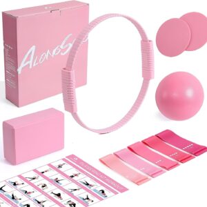 Pilates Kit for Women, 13.7in Silicone Pilates Ring with Yoga Ball, 5 Resistance Bands, 1 Yoga Block, 2 Core Sliders, Guide for Full Body Home Workouts
