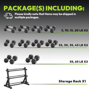 Hex Dumbbell Sets with Rack, 290-840 lb Rubber Encased Exercise & Fitness Dumbbells Set, Hand Weight for Strength Training, Weight Dumbbells