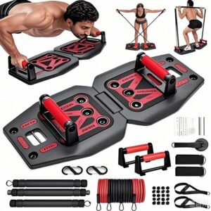 Home Gym Exercise Equipment – Portable Workout System 17 Fitness Accessories 9 in1 Push Up Board Set, Resistance Bands with Pilates Bar Strength Training Abs Shoulders