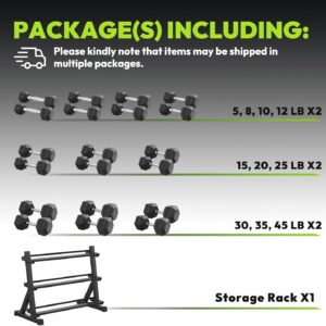 Hex Dumbbell Sets with Rack, 290-840 lb Rubber Encased Exercise & Fitness Dumbbells Set, Hand Weight for Strength Training, Weight Dumbbells