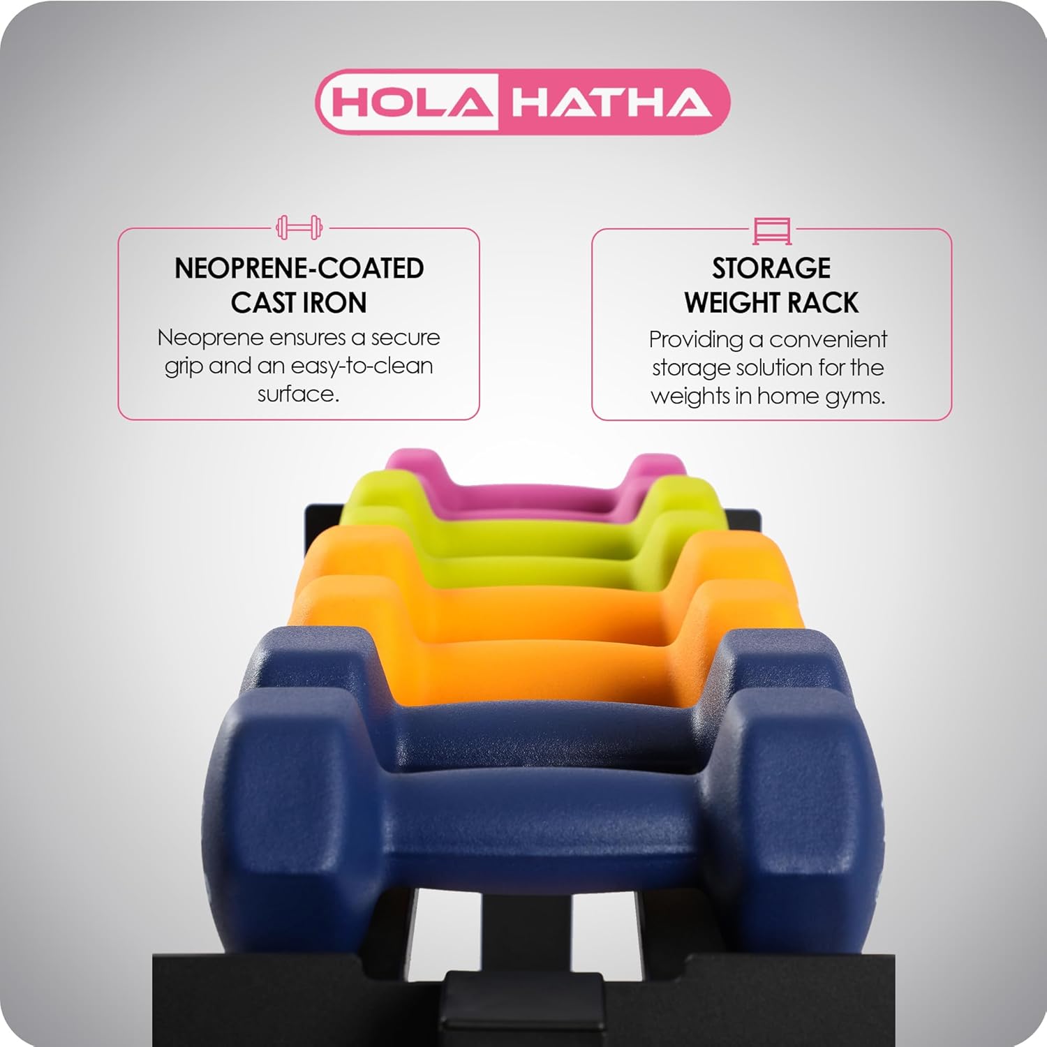 HolaHatha 146 Pound Neoprene Coated Non Slip Dumbbells with Rack for Strength Training, Includes 3, 5, 8, 10, 12, 15, & 20 Pound Sets, Multicolor - Image 4