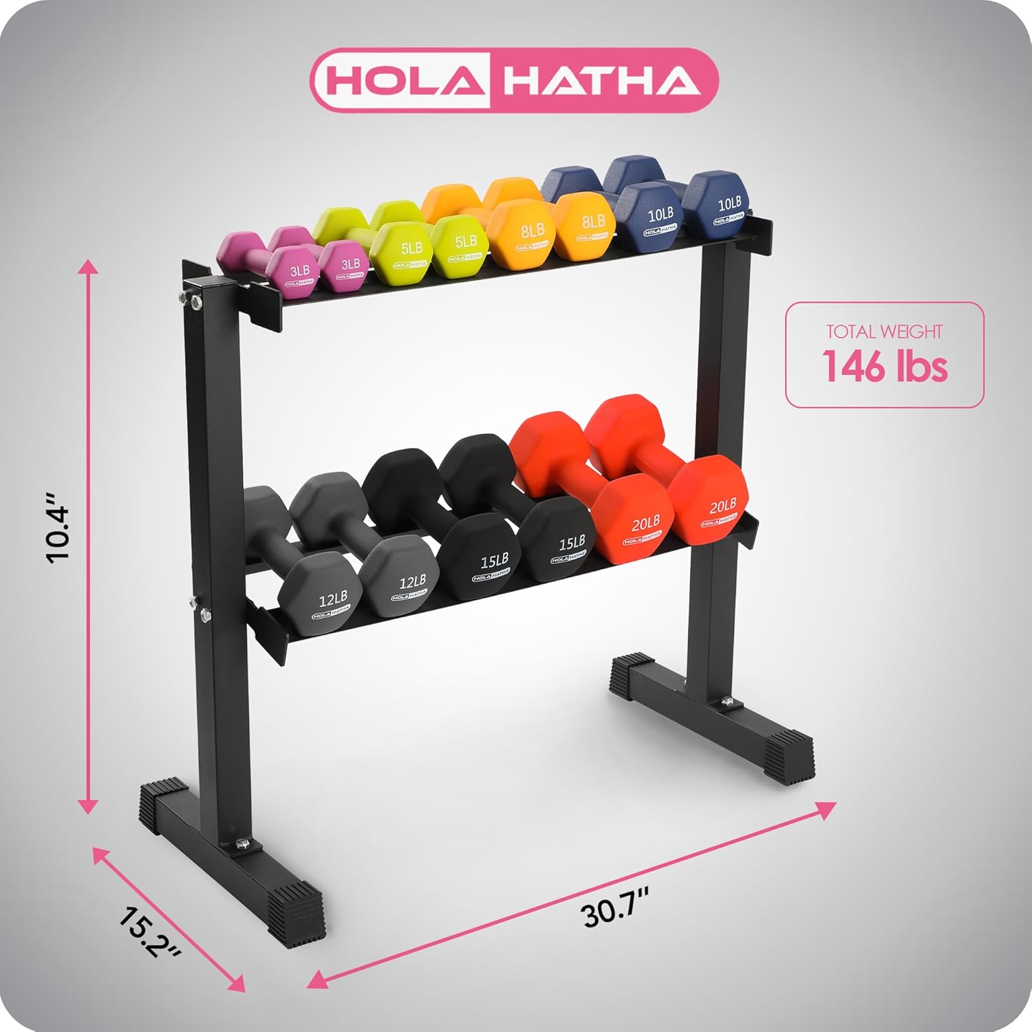 HolaHatha 146 Pound Neoprene Coated Non Slip Dumbbells with Rack for Strength Training, Includes 3, 5, 8, 10, 12, 15, & 20 Pound Sets, Multicolor - Image 2