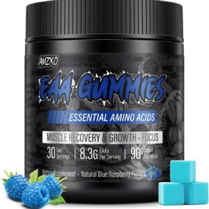 EAA Gummies – 2:1:1 BCAA Formula (8300mg) – Essential Amino Acids for Muscle Recovery & Endurance – Non-GMO, Gluten Free, Sugar Free, Vegetarian, Blue Raspberry Flavor – 90 Count