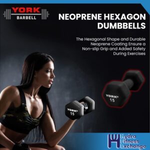 York Barbell Neoprene Hexagon Dumbbells with Cast Ergo Handle (1 to 15lbs Pack of 1, 2, 4) | Durable Anti-Slip Exercise & Fitness Strength Training Free Weights for Home Gym | Black | For Men & Women