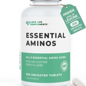 Essential Amino Acids – 300 Easy To Swallow Tablets / 60 Servings – All 9 EAA Amino Acids with All 3 BCAA’s Plus 6 More EAAs to Build and Repair Muscle, 5-10g per Serving, High in Leucine and Vegan