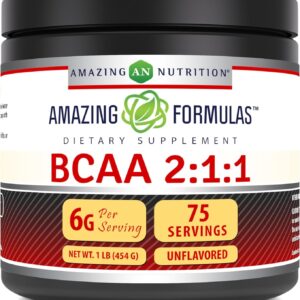 Amazing Formulas BCAA 2:1:1 Powder | 75 Servings | 6 Grams Per Serving | 1 Lb Unflavored Supplement | Made in USA