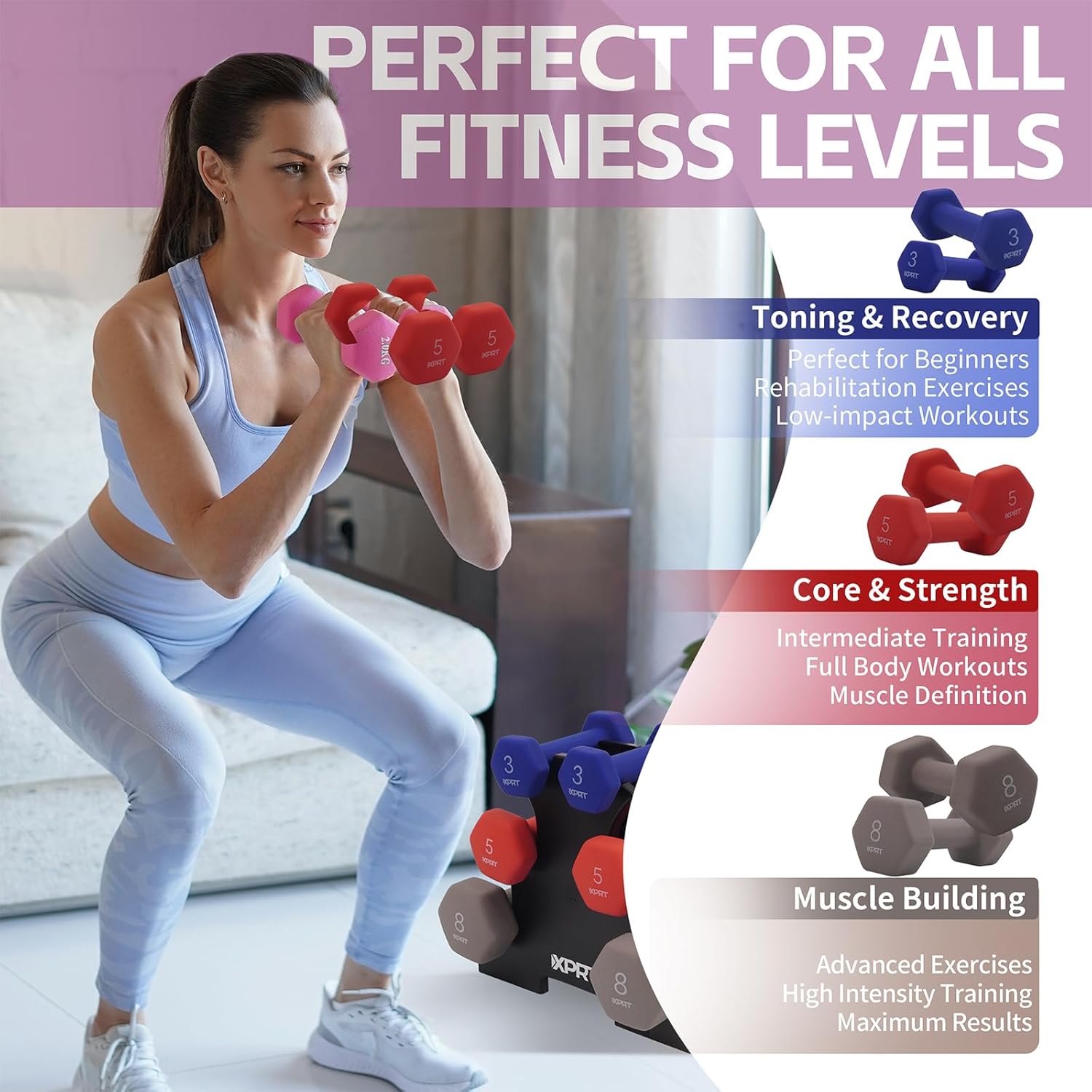 XPRT Fitness 32 lb. Neoprene Dumbbell Set with Rack - Image 7