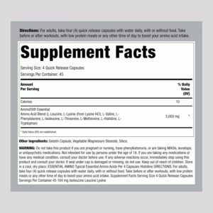 Piping Rock Essential Amino Acids Supplement | 3000mg | 180 Capsules | Complex Blend for Men and Women | EAA and BCAA | Non-GMO, Gluten Free | by Fitness Labs