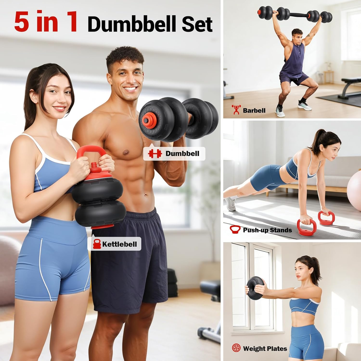 Yoleo Adjustable Dumbbell Set, Free Weight Set with Silent Anti-Collision Air Cushion with Connector, 5-in-1 Dumbbells Set Includes Barbell, Kettlebells, Push up Stand, Weight Plate, Exercise & Fitness Dumbbells Weight Set for Home Gym Suitable Men/Women - Image 5