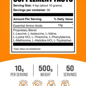 BulkSupplements.com Essential Amino Acids Powder – Essential Amino Acids Supplement, EAA Powder – Unflavored & Gluten Free, 10g per Serving, 500g (1.1 lbs) (Pack of 1)