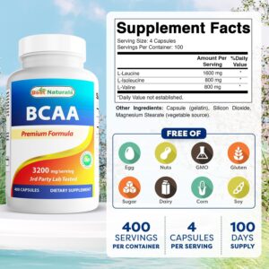 Best Naturals BCAA Branch Chain Amino Acid, 3200mg per Serving, 400 Capsules – Pharmaceutical Grade – 100% Pure Instantized Formula | Pre/Post Workout Bodybuilding Supplement | Boost Muscle Growth