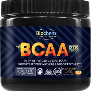 Biochem BCAA Powder Peach Mango 5g – 30 Servings | Vegan, Gluten Free, Keto, Instantized 2:1:1 BCAA Supplement for Muscle Recovery, Protein Synthesis & Hydration | Electrolyte Amino Acid Powder