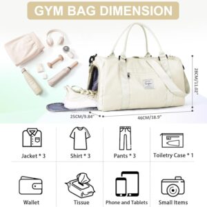 Gym Bag for Women Men with Shoes Compartment and Wet Pocket,Sport Swimming Yoga Bag,Waterproof Travel Duffel Bag Small Carry on Bag Overnight Weekender Bags Personal Item Bag for Airlines Cream White