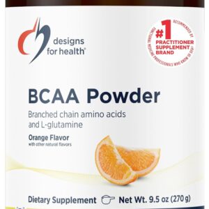 Designs for Health BCAA Powder with L-Glutamine – Branched Chain Amino Acids Powder + L-Glutamine Supplement to Support Muscles + Workouts – Orange Flavored Drink Mix (30 Servings / 270g)