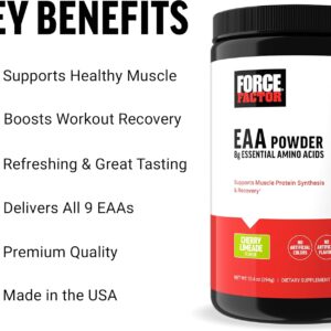 Force Factor Essential Amino Acids, Full Spectrum EAAs Amino Acids Powder, Amino Acids Supplement for Women and Men to Support Healthy Muscle and Workout Recovery, Cherry Limeade, 30 Servings
