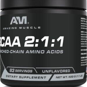 Amazing Muscle BCAA Amino Supplement | 2:1:1 Branched Chain Amino Acid Ratio | Unflavored | Net Weight 500 Grams (1.1 Lb) | Non-GMO | Gluten-Free | Made in USA