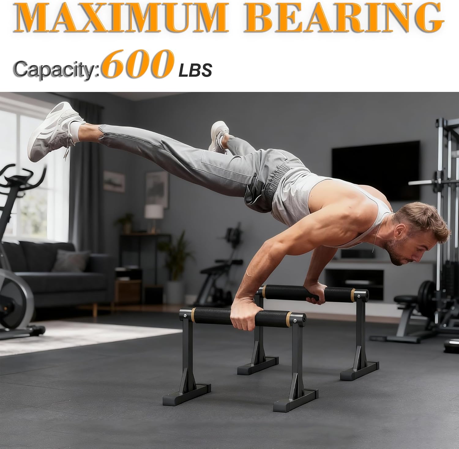 12" Wooden Parallel Bar and Dip Bar with Non-Slip Handles, Rock-Free Fitness Equipment for Handstands, L-Sits, Gymnastics and Strength Training for Home Gym, 600lbs Capacity - Image 2