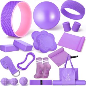 17 Pcs Yoga Essential Kit for Women, Pilates Equipment Starter Set for Beginners with Yoga Wheel Ball Blocks Strap Resistance Bands Wrist Rings Socks Towel & Carry Bag for Home Workouts