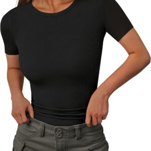 Ekouaer Women Short Sleeve Shirts Lightweight Thermal Tops Ribbed Knitted Outfit Tees Soft Crew Neck Undershirt Basic Clothes