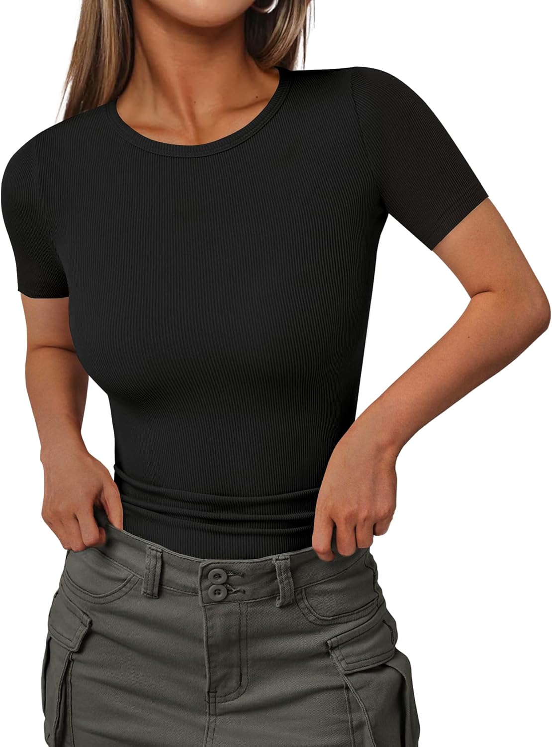 Ekouaer Women Short Sleeve Shirts Lightweight Thermal Tops Ribbed Knitted Outfit Tees Soft Crew Neck Undershirt Basic Clothes