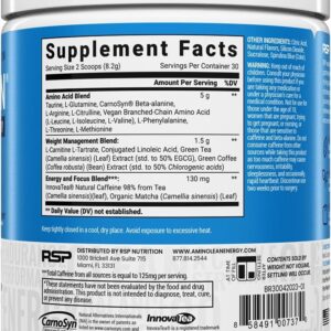 RSP Nutrition AminoLean Pre Workout Powder, Amino Energy & Weight Management with Vegan BCAA Amino Acids, Natural Caffeine, Preworkout Boost for Men & Women, 30 Serv