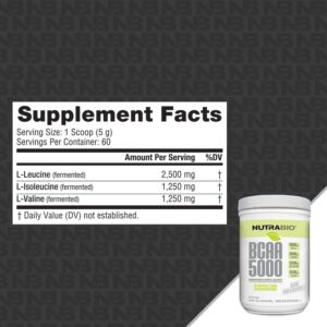NutraBio BCAA 5000 Powder – Fermented Branched Chain Amino Acids for Muscle Growth & Recovery – Natural Flavors, Sweeteners, and Coloring, Vegan, Gluten Free – Unflavored, 60 Servings
