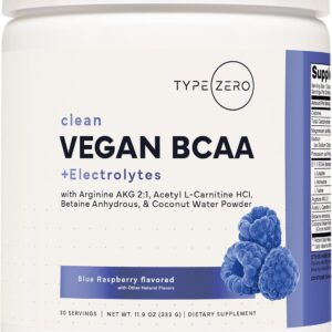 Type Zero Ultra Clean Vegan BCAA Powder + Electrolytes (Blue Raspberry | 6G) 2:1:1 Sugar-Free/No Sucralose BCAAs Amino Acids Supplement – BCAA Vegan Amino Acids After Workout Drink, 30 Servings