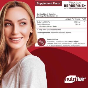 NutriFlair Premium Berberine HCL 1200mg, 120 Capsules – Plus Pure True Ceylon Cinnamon, Berberine HCI Root Supplements Pills – Immune System – Made in USA