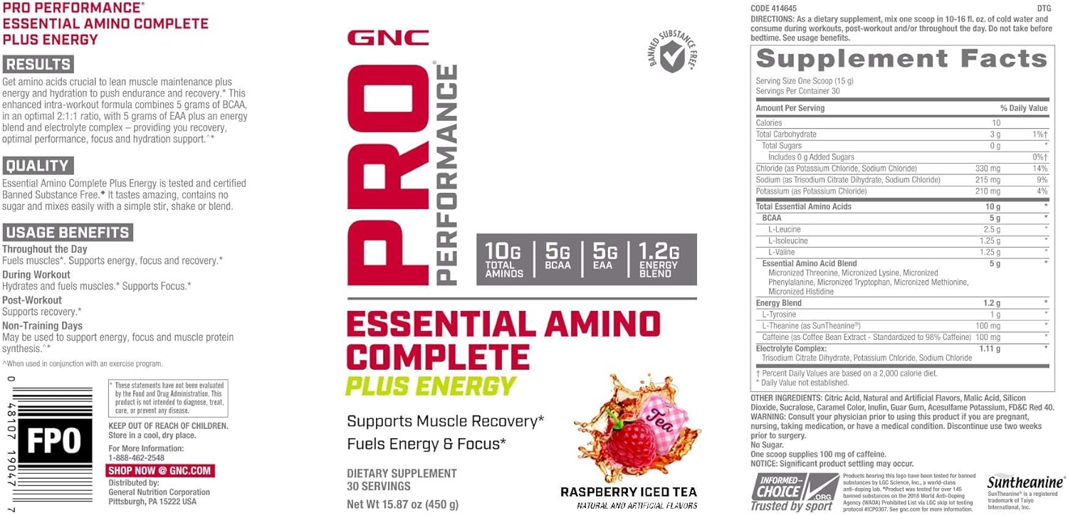 GNC Pro Performance Essential Amino Complete Plus Energy - Raspberry Iced Tea | 5g BCAA, 5g EAA Plus Energy Blend and Electrolyte Complex | 30 Servings - Image 2