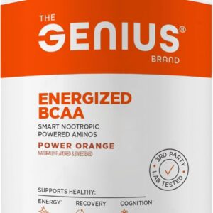 Genius BCAA Powder – 5g Vegan BCAAs L-Glutamine, Cognizin & Rhodiola Muscle Recovery Energy Support 100mg Caffeine Pre, Intra, Post-Workout Nootropic Supplement for Focus & Performance – Orange