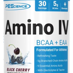 PEScience Amino IV BCAA & EAA Powder, Essential Amino Acids, Taurine, Electrolytes for Hydration and Muscle Recovery, Sugar Free for Men & Women, Post Workout – Black Cherry, 30 Servings