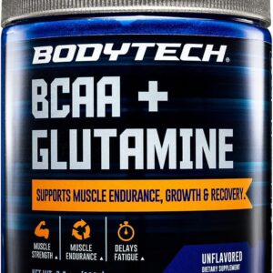BodyTech BCAA + Glutamine Powder with Vitamin C, L Glutamine & More, Essential Pre Workout or Post Workout Amino Acids for Men & Women, Unflavored, 7.3 Oz, 30 Servings