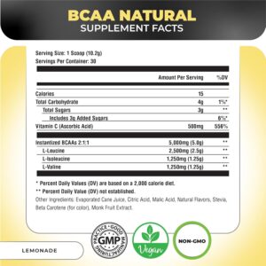 Nutrology BCAA Natural – Plant Based BCAA Powder, Lemonade Flavor, Optimized 2:1:1 Ratio Amino Acids Powder for Pre Workout & Post Workout Recovery, Vegan, Gluten-Free, Non-GMO, 30 Servings