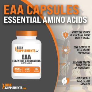 BulkSupplements.com Essential Amino Acids Capsules – EAA Capsules, Essential Amino Acids Supplement, EAAs Amino Acids – EAA Supplements, 2 Capsules per Serving, 180-Day Supply, 360 Capsules