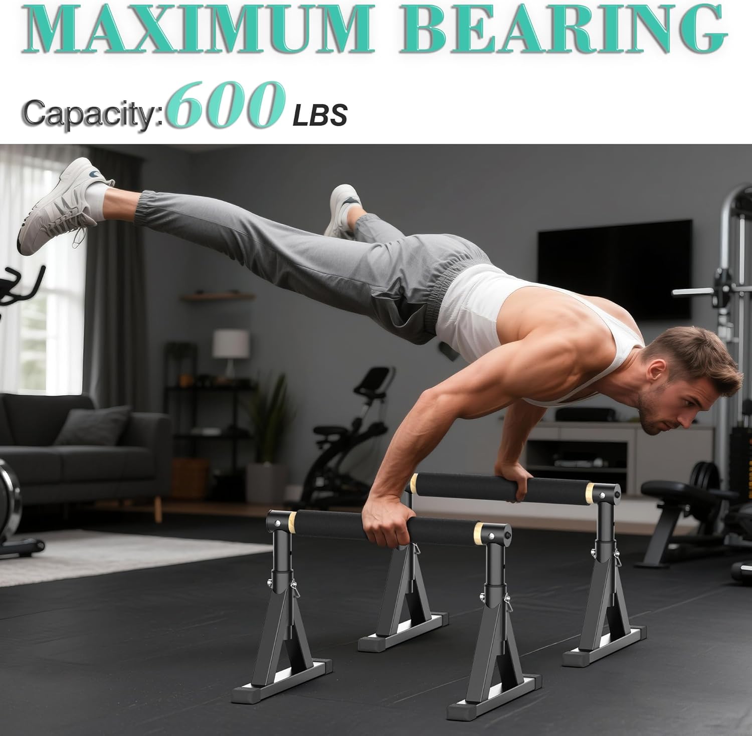 10-14'' Wooden Parallel Bar and Dip Bar with Adjustable Height and Non-Slip Handles, Rock-Free Fitness Equipment for Handstands, L-Sits, Gymnastics and Strength Training for Home Gym, 600lbs Capacity - Image 4