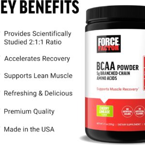 Force Factor BCAA Amino Acids Supplement 2:1:1, Delicious and Refreshing BCAA Powder to Support Muscle Recovery and Performance, No Artificial Colors or Flavors, Cherry Limeade, 30 Servings