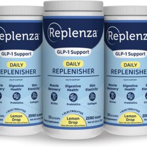 Replenza Daily Replenisher GLP-1 Nutritional Support, Powder, Muscle Recovery, Digestive Health & Skin Elasticity Mix of Amino Acids, Prebiotics and Collagen Peptides – Lemon Flavored, 3 Pack