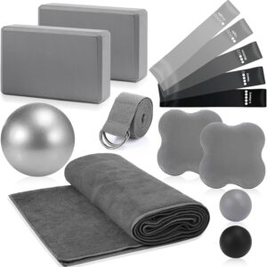 14 Pcs Yoga Kits for Home Workouts Pilates Equipment Set for Women Beginners, Hot Yoga Towel Blocks Strap, Knee Pad, Resistance Loop Exercise Band, Massage Lacrosse Ball, Pilates Ball