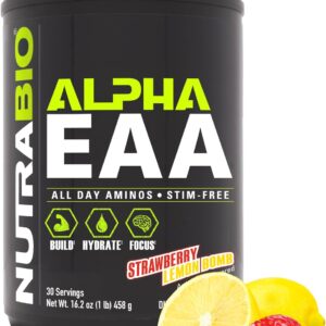 NutraBio Alpha EAA – All-Day Amino Acids for Muscle Growth and Hydration – Essential Amino Acids with Nootropics & Adaptogens- Full Spectrum EAA BCAA Powder – 30 Servings – Strawberry Lemon