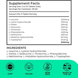 Essential Amino Acids – 300 Easy To Swallow Tablets / 60 Servings – All 9 EAA Amino Acids with All 3 BCAA’s Plus 6 More EAAs to Build and Repair Muscle, 5-10g per Serving, High in Leucine and Vegan
