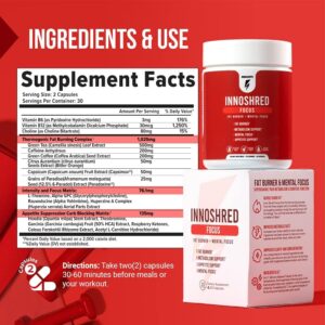 Inno Shred Focus Day Time Fat Burner, 100mg Capsimax, Grains of Paradise, Organic Caffeine, Green Tea Extract, Appetite Suppressant, Weight Loss Support, 60 Veggie Capsules (60 Capsules, with Focus)