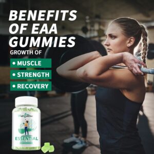EAA Gummies Essential Amino Acids – 60 Days Supply All 9 Essential Aminos and All Branched-Chain Aminos (BCAAs) Sugar Free with Muscle Recovery Energy Support Non GMO Green Apple Flavor