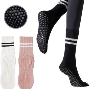 3 Pairs Womens Pilates Socks with Grips Yoga Socks Non Slip Grip Socks for Women for Gym Athletic Barre