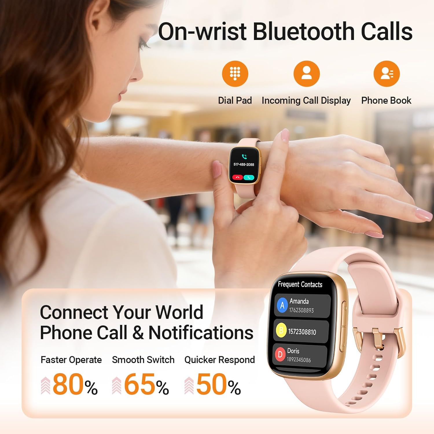Fitpolo Smart Watch for Women, 1.85" AMOLED Fitness Tracker with Bluetooth Call, Heart Rate/Sleep/SPO₂ Monitor, 100+ Sports Modes, 3ATM Waterproof Smartwatch for Android/iPhone, Includes 2 Bands - Image 3