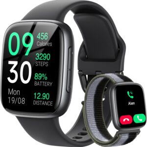 Fitpolo Smart Watch, 1.85″ AMOLED Fitness Tracker with Bluetooth Call, Heart Rate/Sleep/SPO₂ Monitor, 100+ Sports Modes, 3ATM Waterproof Smartwatch for Android/iPhone/Samsung, Includes 2 Bands