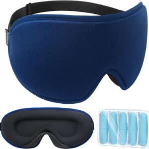 LYSIAN Cooling Sense 3D Sleep Eye Mask for Women Men, Eye Mask with Contoured Design with 5 Pair Ear Plugs, Block Light for Deep Sleep – Blue