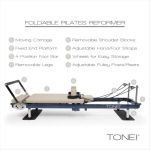 Tone Fitness Foldable Pilates Reformer – Portable Pilates Machine with Adjustable Resistance Bands, Smooth Glide Carriage & Full-Body at-Home Pilates Workout Equipment