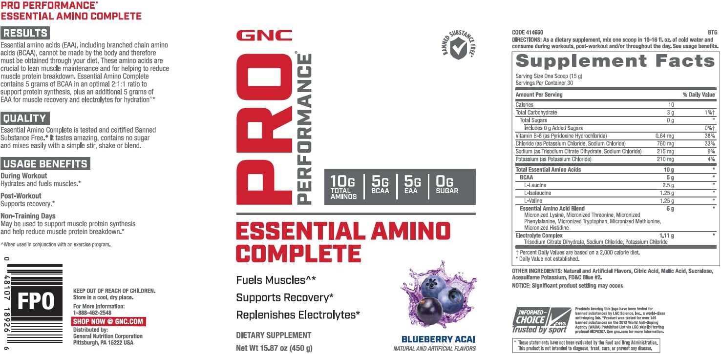GNC Pro Performance Essential Amino Complete, Blueberry Acai, 30 Servings - Image 2
